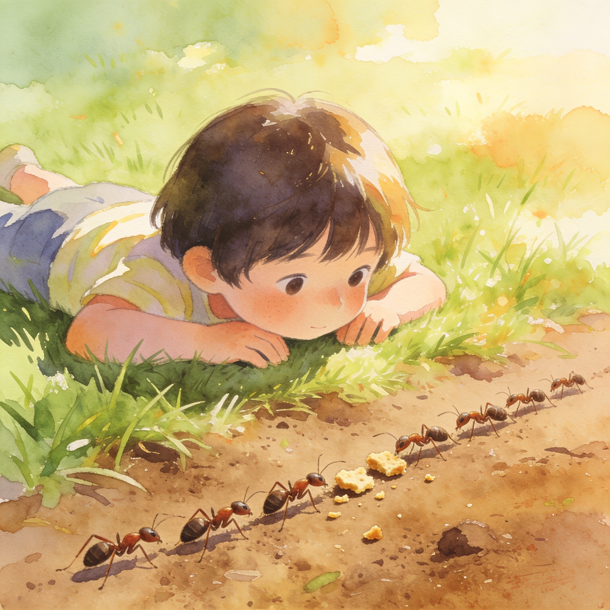 A child lying on grass, focused intently on something small in front of them