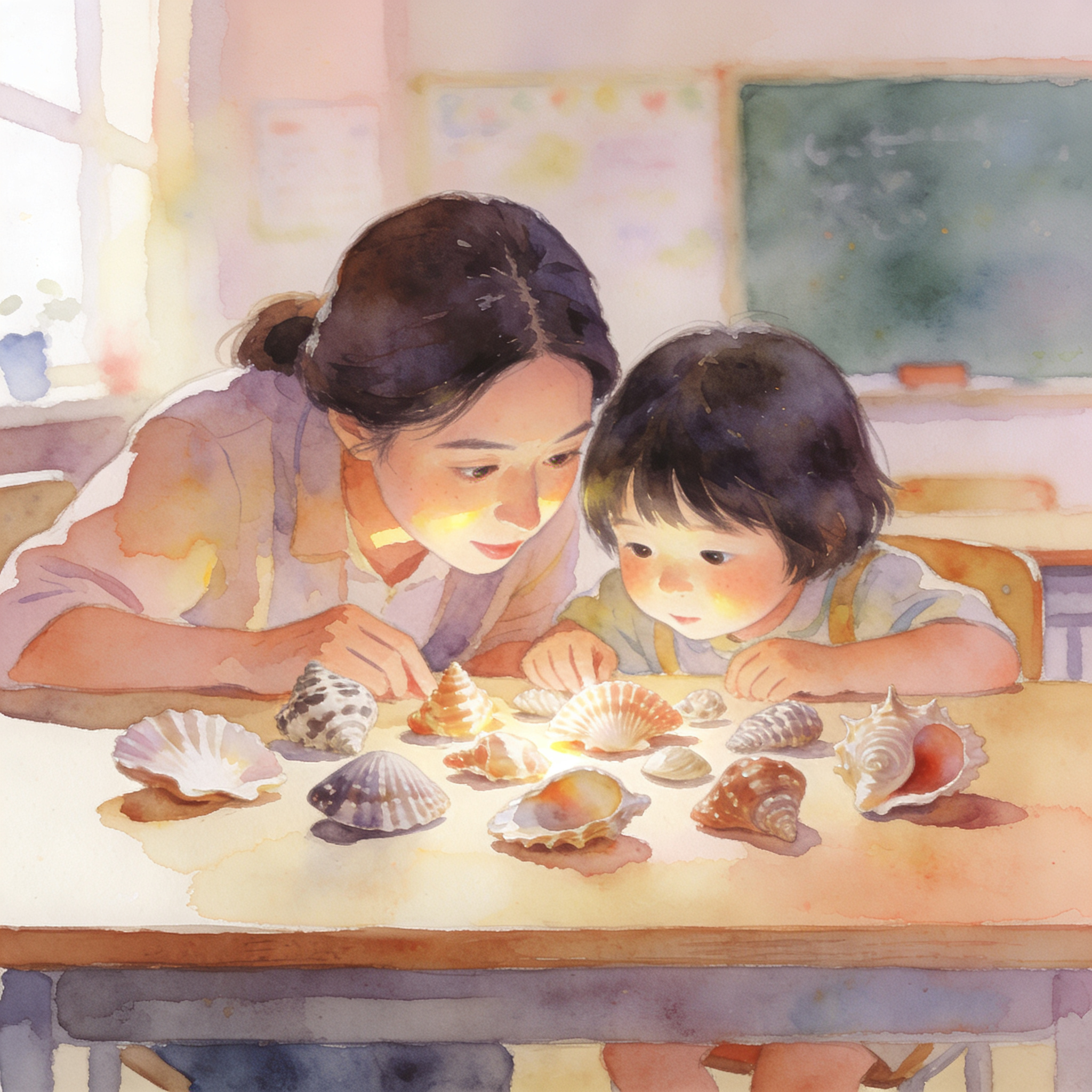 A teacher and child examining something together at a table, embodying the co-inquirer relationship