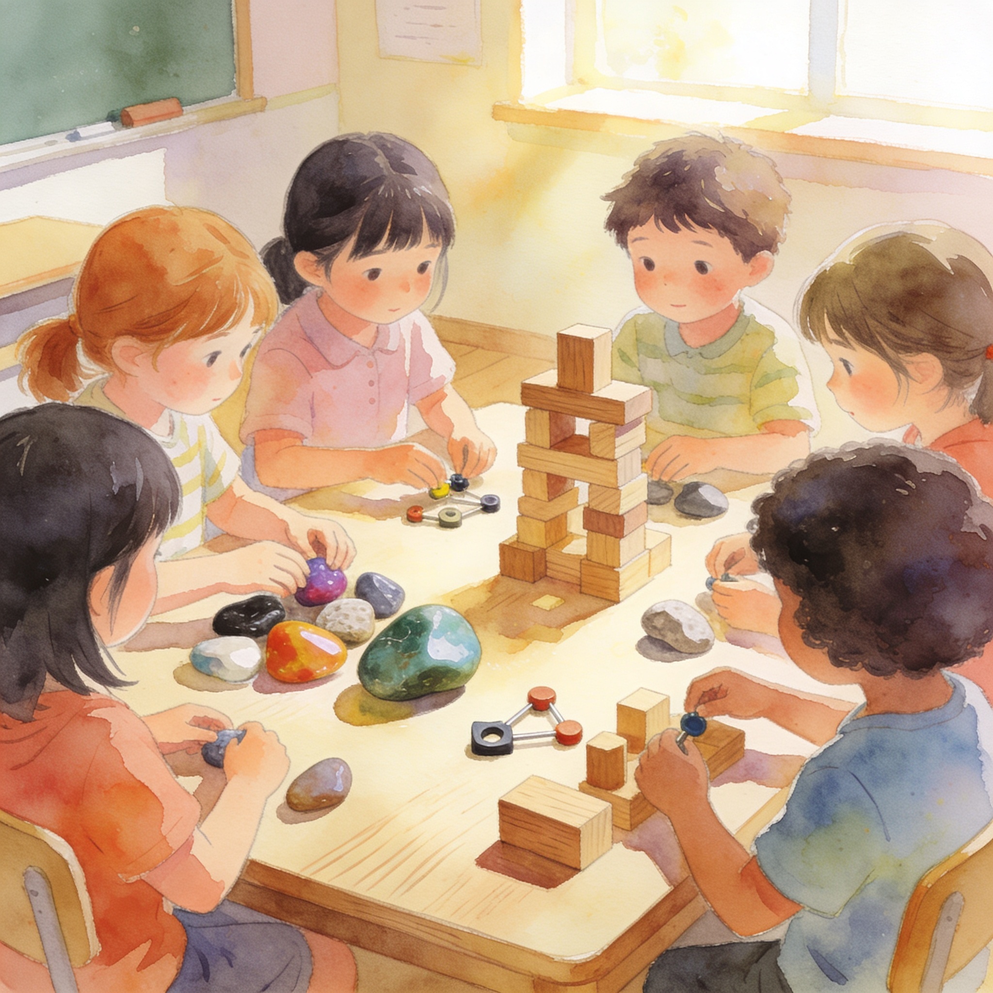 Children working with hands-on materials around a low table in a primary classroom